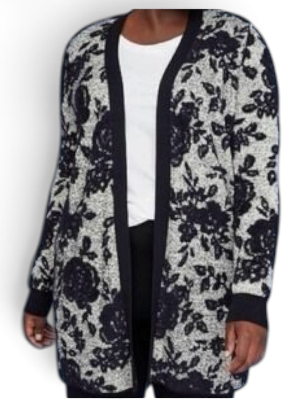 Lane Bryant Nylon Cotton Rose Tapestry Open-Front Cardigan Black White 14/16